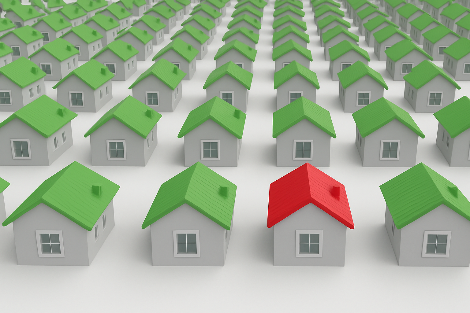 Uma fileira de casas cinzas idênticas com telhados verdes, destacando-se uma única casa com telhado vermelho no centro.