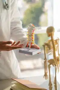 Médico de jaleco branco segurando um modelo anatômico da coluna vertebral, explicando sua estrutura; na frente há parte de um esqueleto humano em miniatura sobre a mesa.