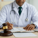 Médico sentado à mesa com estetoscópio no pescoço, analisando documentos e escrevendo em um caderno. À frente dele há um martelo de juiz, simbolizando que pacientes com laudos médicos possuem direitos legais, como o acesso ao benefício de auxílio-doença.