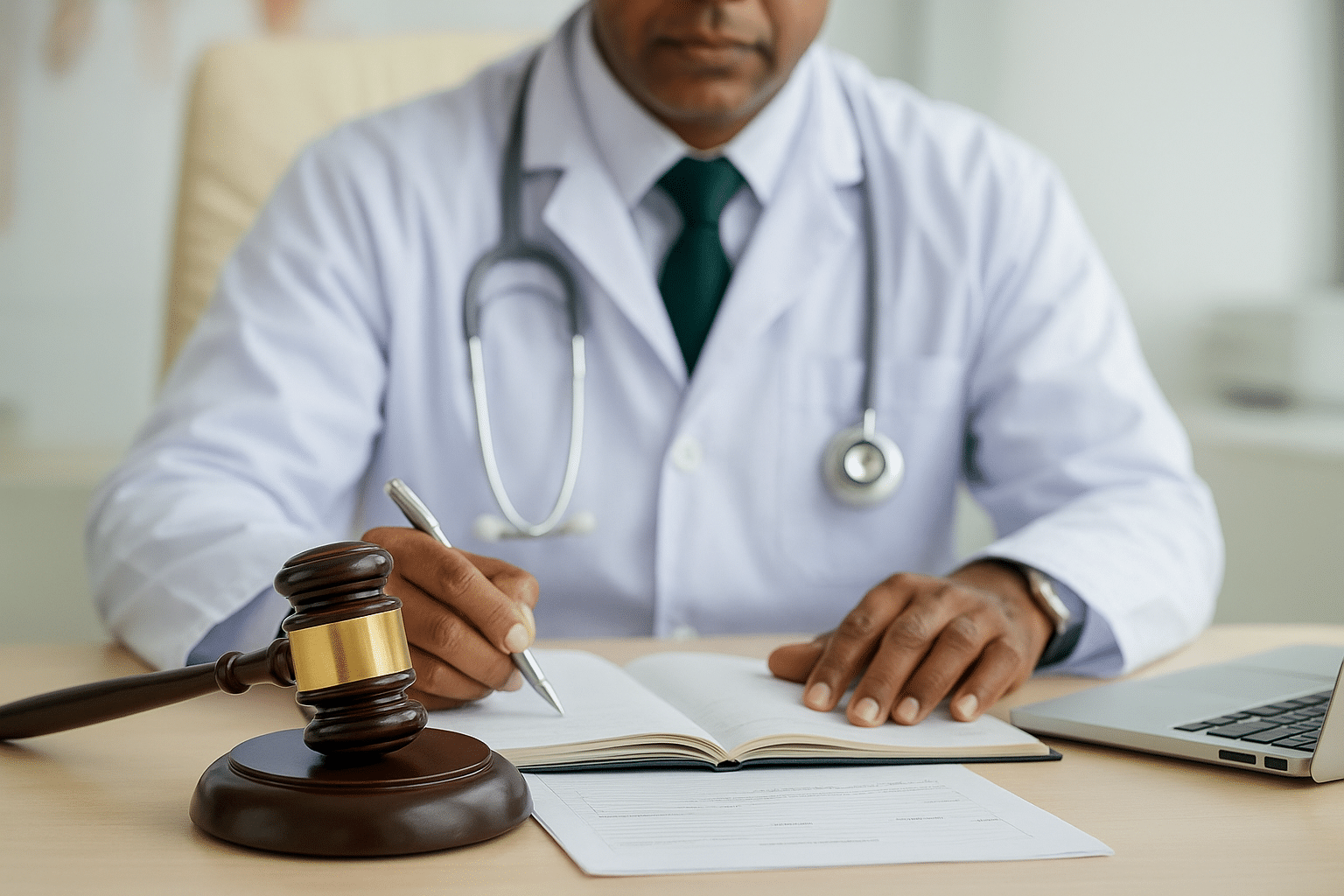 Médico sentado à mesa com estetoscópio no pescoço, analisando documentos e escrevendo em um caderno. À frente dele há um martelo de juiz, simbolizando que pacientes com laudos médicos possuem direitos legais, como o acesso ao benefício de auxílio-doença.